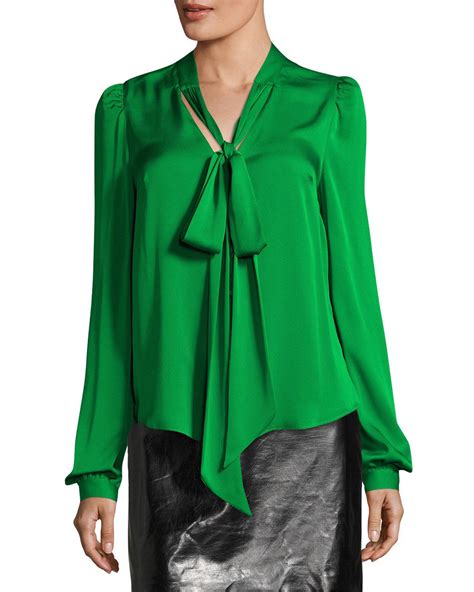 Lyst Milly Long Sleeve Tie Neck Stretch Silk Blouse In Green