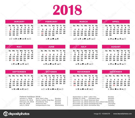 2018 Calendário Anual Rosa Feriados Federais Lua E Número De Semanas