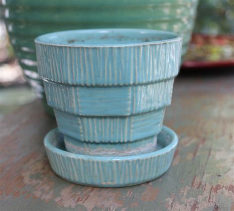 Mccoy Pottery Blue Planter Attached Saucer Vintage By Etsy Blue