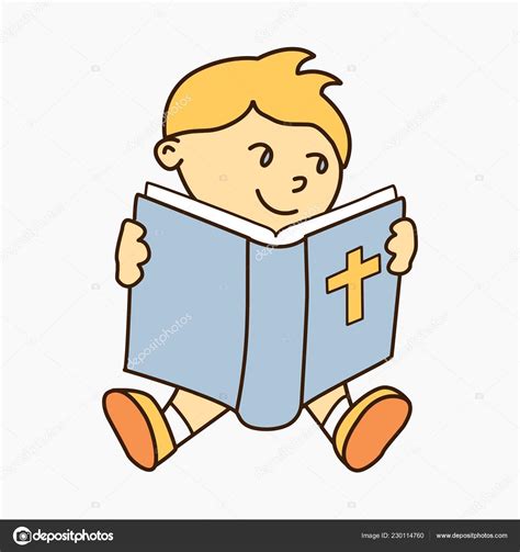Ilustración Vectorial Niño Sonriente Leyendo Biblia Aislado Sobre Fondo