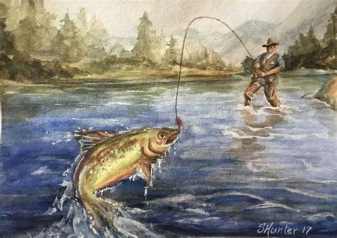 Fly Fishing On The River Art Painting Fly Fishing