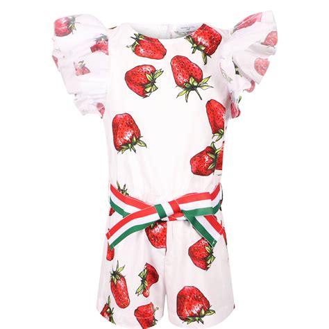 Monnalisa Strawberries Print Ruffled Jumpsuit In White — Bambinifashioncom