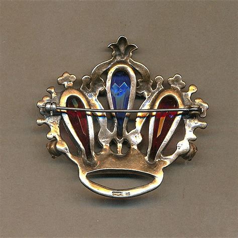 Vintage C1930s Sterling Silver Crown Brooch Pin Multi Color From