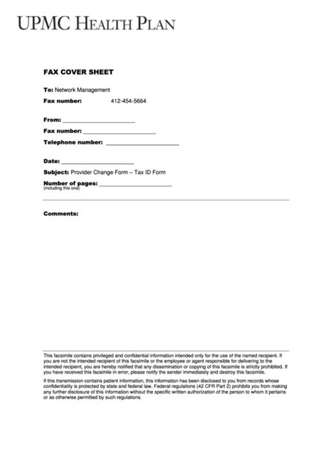 Fillable Fax Cover Sheet Upmc Health Plan Form W 9 Request For