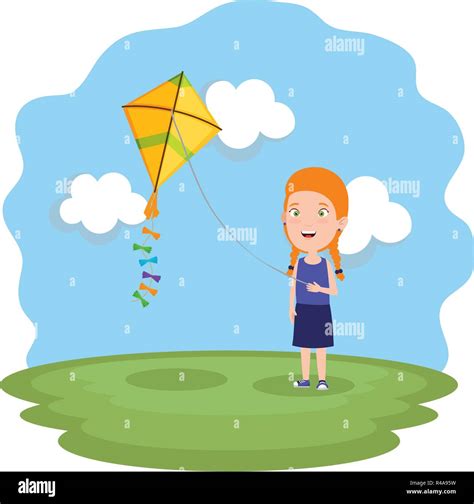 Little Girl Flying Kite In The Field Vector Illustration Design Stock