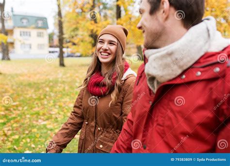 Happy Young Couple Walking In Autumn Park Stock Image Image Of Person
