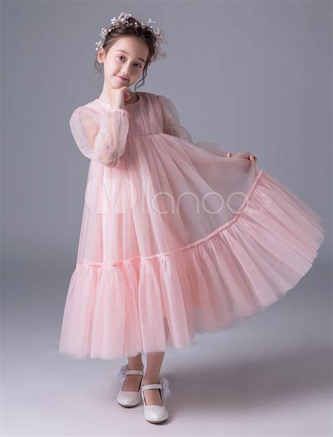 Pink Flower Girl Dresses Boho Long Sleeve Empire Waist Princess Dress