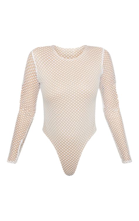 Cream Fishnet High Leg Bodysuit Tops Prettylittlething