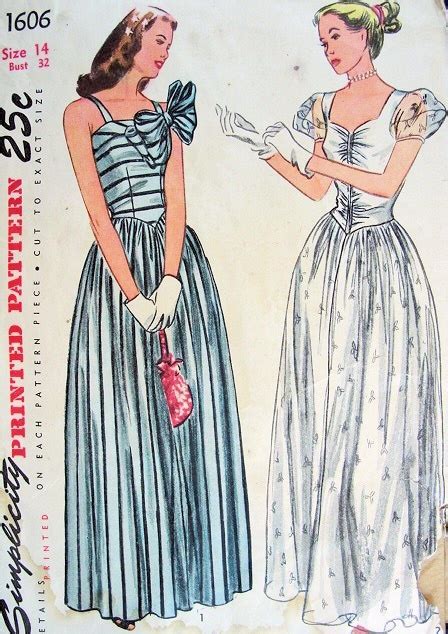 1940s Evening Dress Gown Pattern 2 Beautiful Styles Simplicity 1606