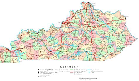 Multi Color Kentucky Map With Counties Capitals And Major Cities