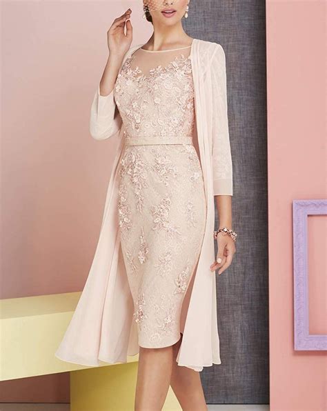newdeve lace mother of the bride dresses tea length sheath 3 4 sleeves with chiffon jacket at