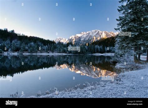 Reflection Of Karwendel Mountain On Lake Ferchensee Stock Photo Alamy