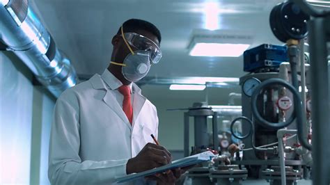 Side view of black scientist in white lab coat, goggles and mask ...