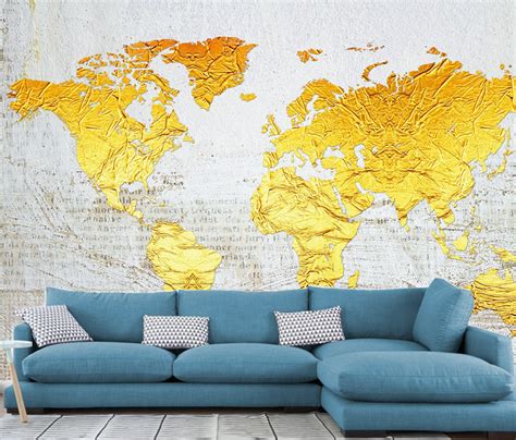 Gold World Map Wallpaper Modern Wall Mural Modern Home Decor For Living