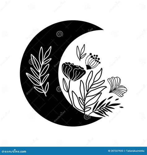 Floral Moon Logo Beauty Black Moon Tattoo Celestial Crescent Isolated