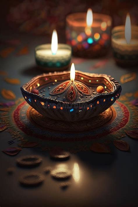 Vibrant Festive Decorations With Colorful Candles For Indian Diwali