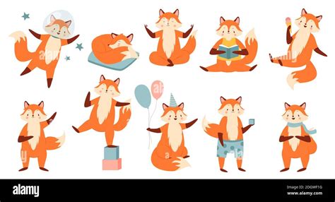 Cartoon Funny Fox Vector Illustration Set Cute Collection With Red Fox