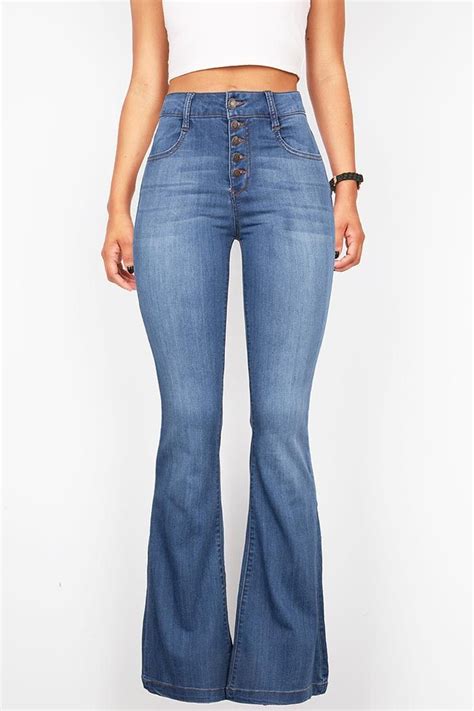 High Rise Fitted Bell Bottom Jeans With A Multi Button Closure
