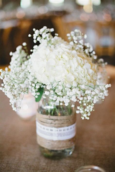 Burlap Lace Centerpiece Effortless White Flowers Like Hydrangea And