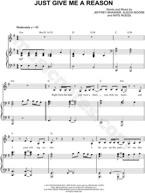 Pink Feat Nate Ruess Just Give Me A Reason Sheet Music In G Major