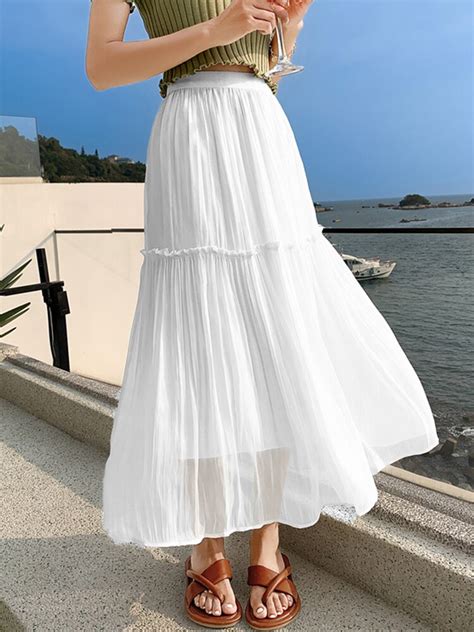 Tigena All Match Pleated Midi Long Skirt For Women Spring Summer