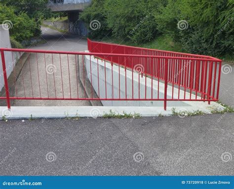Outdoor Ramp And Staircase With Red Railing Stock Photo Image Of