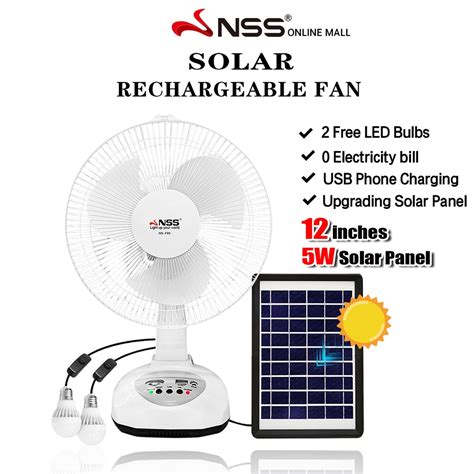 Nss Solar Fan Solar Electric 12 Rechargeable Fan With 2 Free Bulbs 5w