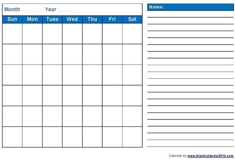 Printable Monthly Calendar With Notes Blank Monthly Calendar Template