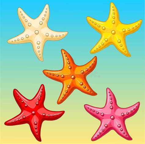 Fije Cinco Estrellas De Mar Del Color En Amarillo Azul Ilustración Del
