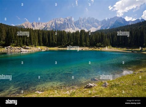 Lake Karer Karersee Lago Di Carezza At The Back Latemar Mountain