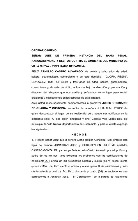 Juicio Ordinario DE Guarda Y Custodia Derecho Procesal Civil USAC Studocu
