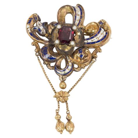 Antique Gold Enamel Bead And Garnet Brooch Second Half Of The 19th
