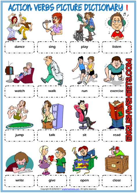 Action Verbs Esl Printable Matching Exercise Worksheets For Kids 83e