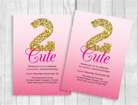 Custom Printable 2 Cute Girls 2nd Birthday Invitation Hot Pink Ombre