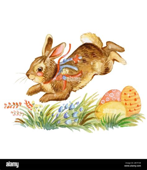 Watercolor Illustration Of A Jumping Rabbit Easter Eggs And Flowers