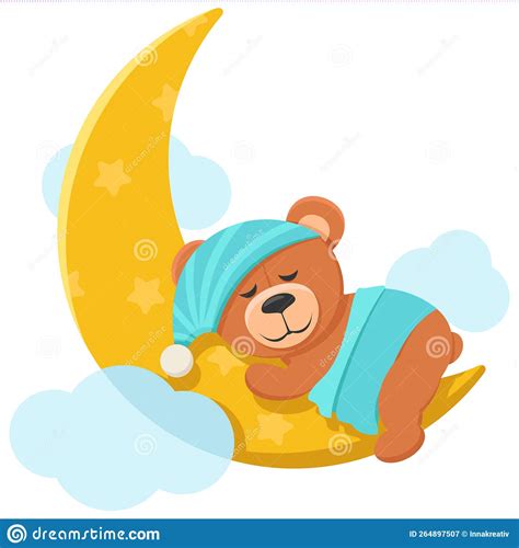 Bear Sleeps Under A Blanket On The Moon Character Stock Vector
