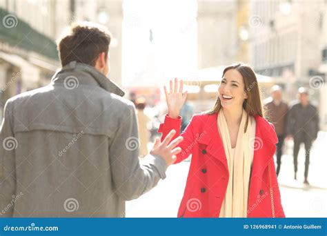 Happy Friends Meeting And Greeting In The Street Stock Image Image Of