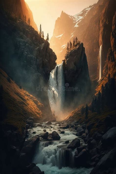 Generative Ai Illustration Image Of Stunning High Waterfall Cascading