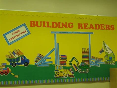 Library Displays And Bulletin Board Ideas And A Few Tips Construction Theme Classroom Clever