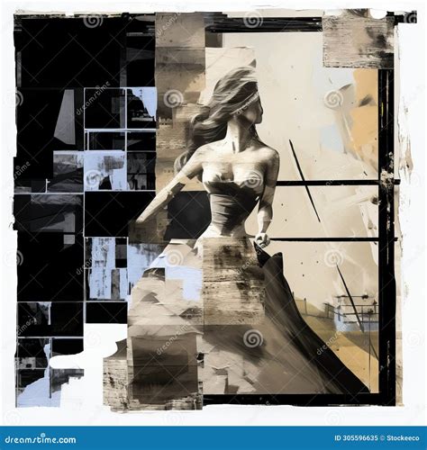 Multilayered Collage Painting of a Blonde Woman in a Gown with