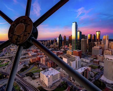 Dallas Texas Skyline Through Reunion Tower At Dusk Photograph By