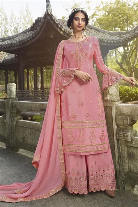 Pink Chinon Embroidered Palazzo Suit Salwar Kameez Designer Collection