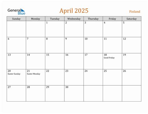 Free April 2025 Finland Calendar