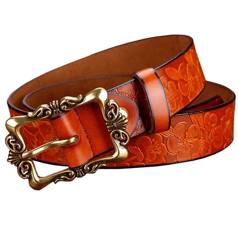 Hchenli Genuine Leather Belt Woman Vintage Floral Second Layer Cow Skin