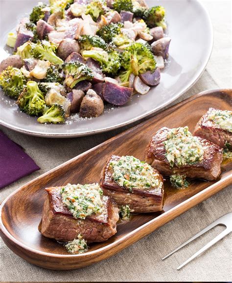 Pan Seared Steaks And Salsa Verde With Roasted Broccoli And Purple Potatoes