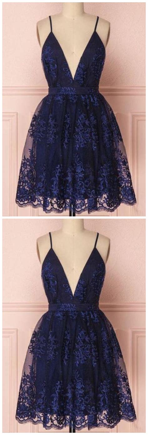 navy blue deep v neck lace spaghetti straps homecoming dresses short prom dresses on luulla