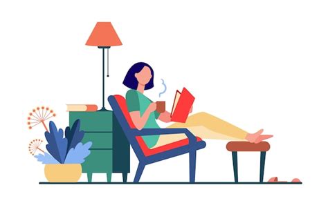 Free Vector Woman Relaxing At Home Girl Drinking Hot Tea Reading Book In Armchair Flat