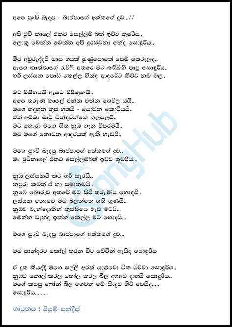 Ape Punchi Badapu Song Sinhala Lyrics