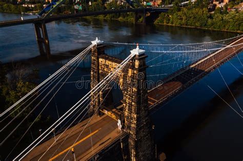 Aerial Of Historic Wheeling Suspension Bridge Downtown Buildings