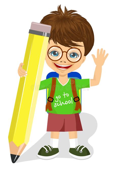 Cute Little Boy With Glasses Holding Big Yellow Pencil Stock Vector